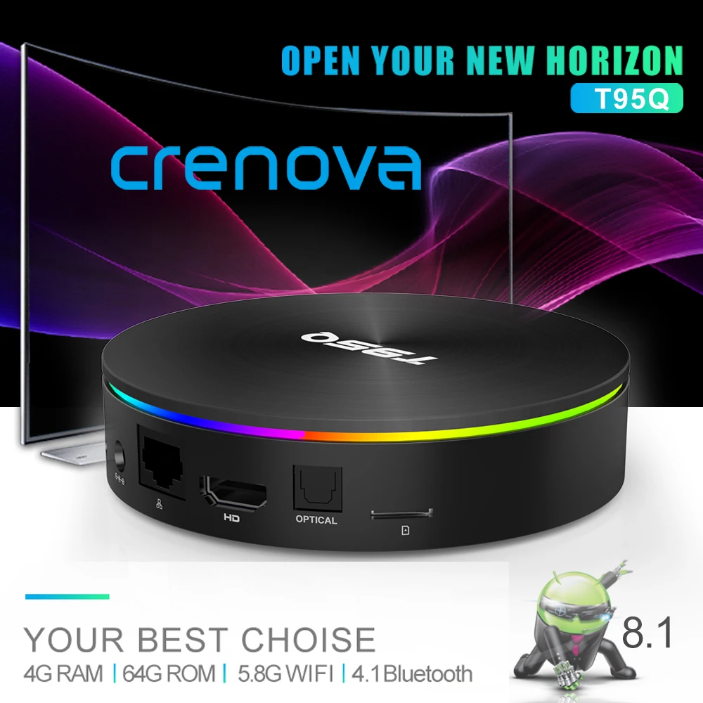 ТВ-бокс CRENOVA T95Q Android Ethernet 1000M 4K H.265 Поддержка 3D 4GB ram 64G 32G 2,4G/5G WiFi телеприставка