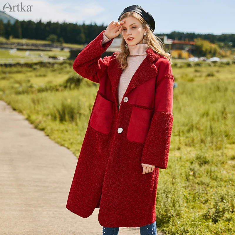 ARTKA, зимнее Новое Женское пальто, винтажное, красное, имитация норки, овечья шерсть, комбинированное, плотное пальто, однобортное, теплое, длинное, верхняя одежда, WA15099D