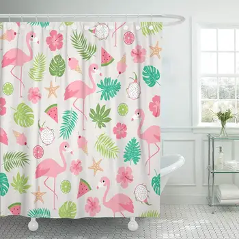 

Pink Pastel Tropical Summer Flamingo Hibiscus Fruits and Botanical Shower Curtain Waterproof Polyester Fabric 72 x 78 Inches Set