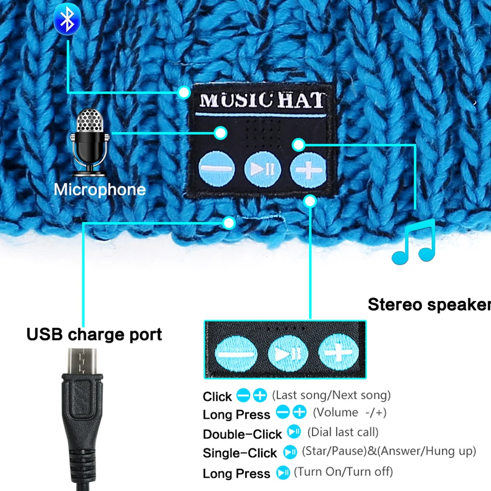 USB Перезаряжаемый Спортивный зимний беспроводной звонок Универсальный Музыкальный Микрофон эластичный модный вязаный Bluetooth Головной убор теплый умный