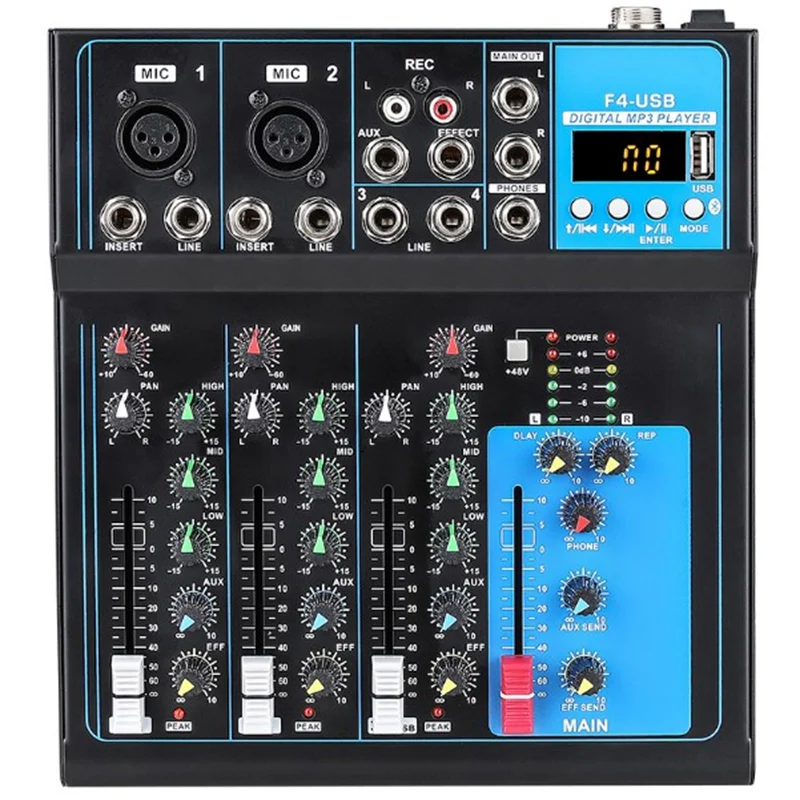 

F4 4 Channel Audio Mixer Sound Professional Mixing Console with Bluetooth USB Recording 48V Phantom Power