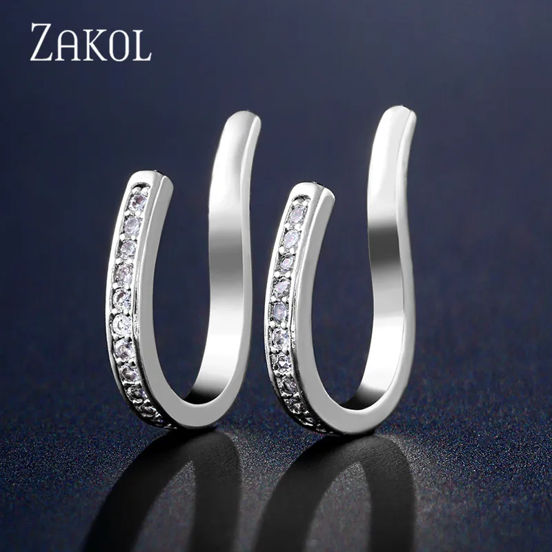 Новинка простые серьги клипсы ZAKOL с фианитами и микрозакрепкой без проколов для