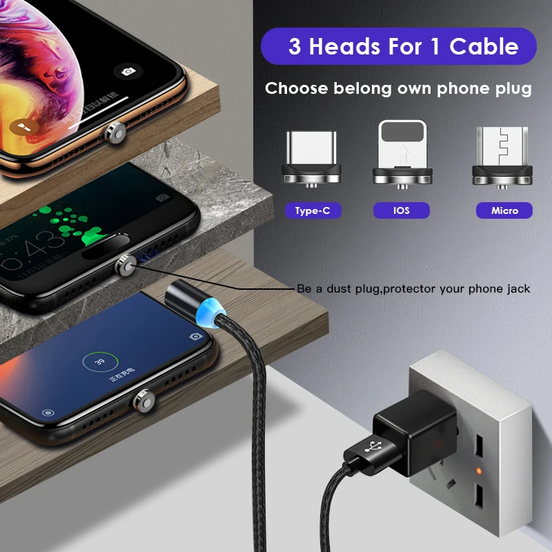 ACCEZZ Магнитный USB кабель Micro USB кабель для iPhone 11 Pro Max samsung S9 type C Быстрая зарядка 2 м телефонный кабель 1 м светодиодный провод шнур