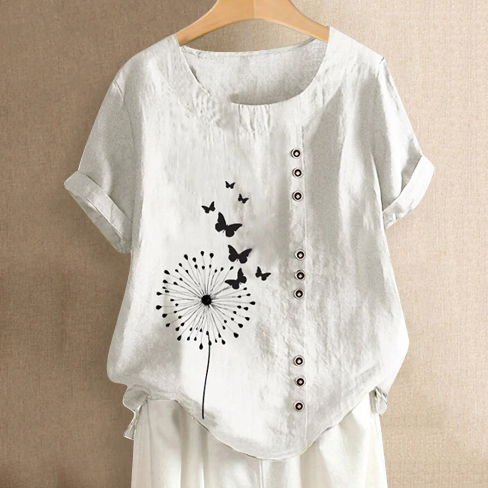 Camisa de lino y algodón de las mujeres pantalón corto Casual de manga larga o-Cuello botón camisa blusa Top Boho Floral abrigos Tops mujer Blusas Chemis