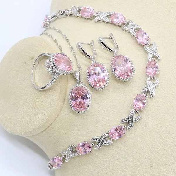 Овальный розовый циркон 925 пробы серебра набор украшений для женщин с браслет, серьги, ожерелье кулон подарок для свадьбы дня рождения - Окраска металла: 4pcs
