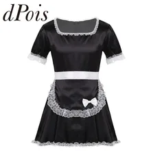 2 шт Мужская взрослая горничная Сисси костюм нижнее белье Homme ролевая игра квадратная шея короткий рукав Кружево Подол шелковистый Атлас нарядное платье с фартуком