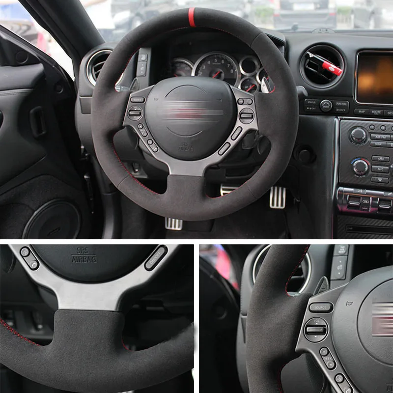 黒スエードレザーステアリングホイールラップカバー、赤ステッチ