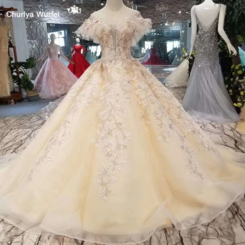 

LSS182 champagne evening dress long o neck puffy short sleeve prom dresses open back ball party dresses pleat brush train 11.11