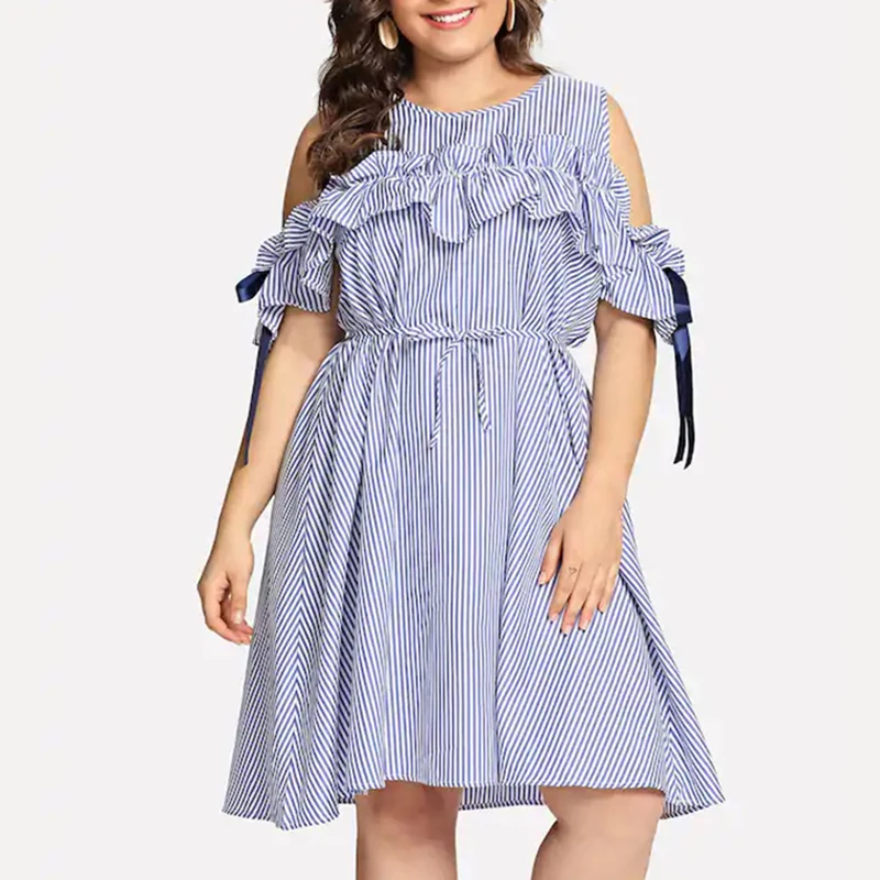 

JUAYKALA Summer New Women's Plus Size Striped Dress O Neck Cold Shoulder Lace Up Bow Ruffles Sleeve Vestidos Female Modis Wear
