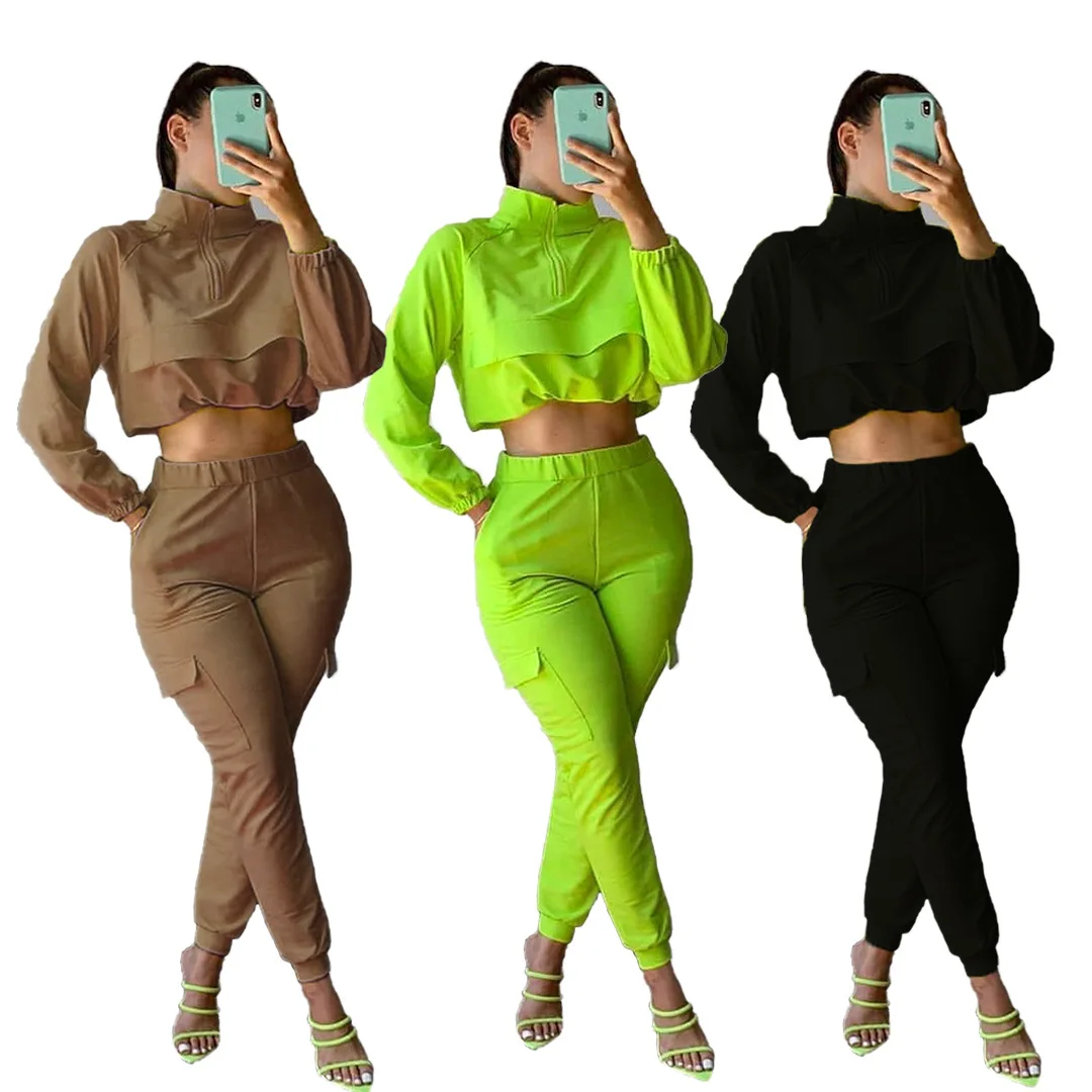 

Women's Tracksuit Two Pieces Sets 2020Autumn Solid Long Sleeve Pullover Crop Tops Harem Pants Outfit Casual Safari Style Suit