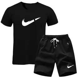 Брендовый спортивный костюм для мужчин, Летний фитнес, бег, комплект из двух предметов, футболка, Топы, короткие штаны, узкие Беговые брюки