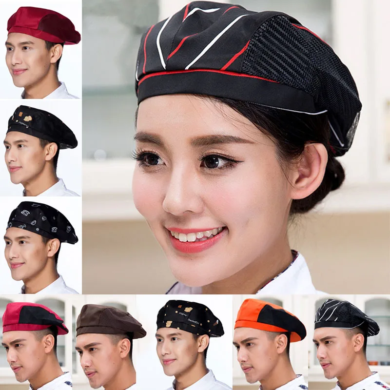 Мужские и женские поварские береты, рабочие кепки, береты, кепки для фаст-фуда, официантки, отеля, ресторана, дышащие, с поясом, с принтом, полосатые шапки, кепки s