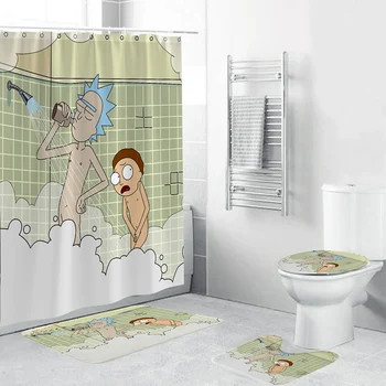

Cartoon Shy Bare Funny Boy Waterproof Shower Curtain Carpet Cover Toilet Cover Bath Mat Pad 4 Piece Set 3D Print Bathroom Decor
