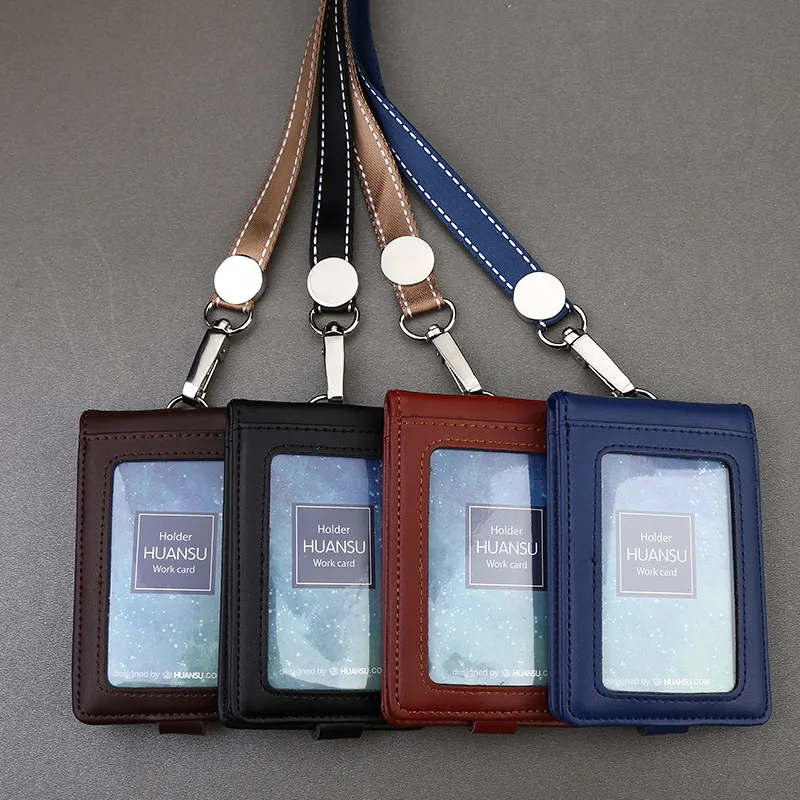 Leather Lanyard Card Holder Stand Neck Strap Badge Holder Staff Card Bus ID Business Card Cover Photo Holder Office Stationary