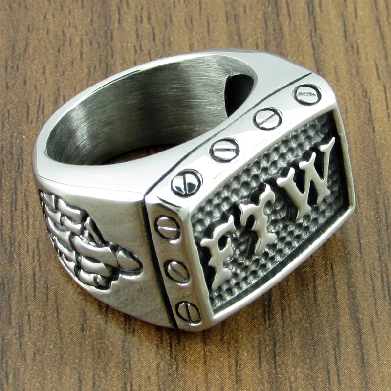 Punk 316L Stainless Steel Silver color Black FTW Middle Finger Mechanical Screw Motor Cycle Letter Biker Ring Sports Rider Ring 6
