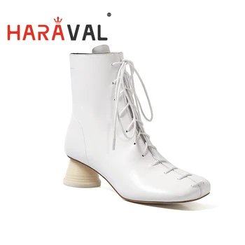 

Spring Autumn Boots Shoes Women White Black Genuine Leather Lace-up High Heel Fashion Solid Footwear Women Shoes Boot FemaleE12L