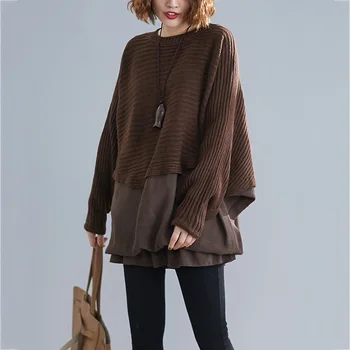 

Fashion Mid-length Sweater Women Patchwork Bat-shaped Long Sleeve Knit Pullovers Loose Ruffles Elastic Top Oversized Femme Cloth