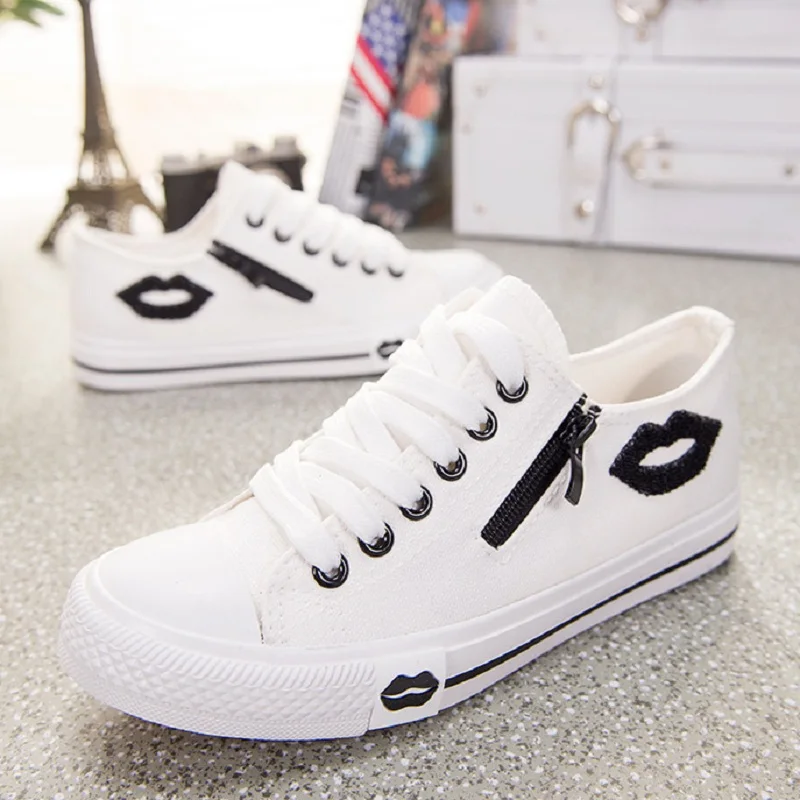 

BONJEAN Casual Canvas Shoes Basket Femme White Sneakers Women Zip Lips Shoes dames schoenen Trainers Flats Zapatos Mujer