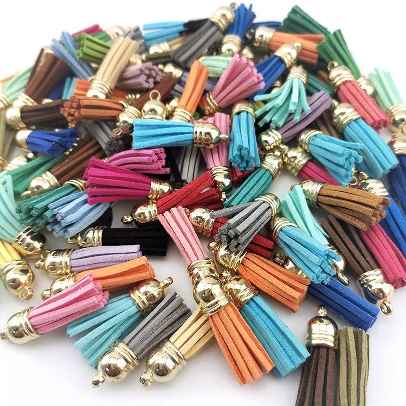 (100 Pcs/pack) 38mm Golden Hat Tassel Vintage Leather Fringe For Purl Macrame DIY Jewelry Keychain Cellphone Straps Pendant