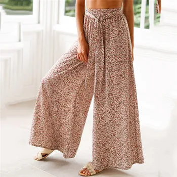 

Belt Bohemian Sashes Loose Printed Wide Leg Pants Women Casual Drawstring High Waist 2019 Summer Fashion Pant