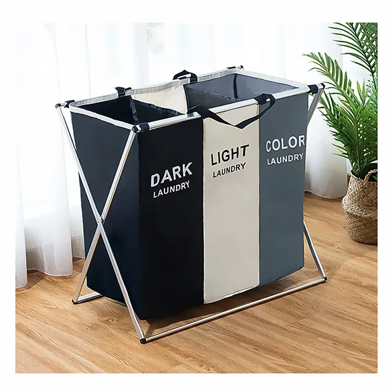

X-shape Foldable Dirty Laundry Basket Organizer Printed Collapsible Three Grid Home Laundry Hamper Sorter Laundry Basket Large