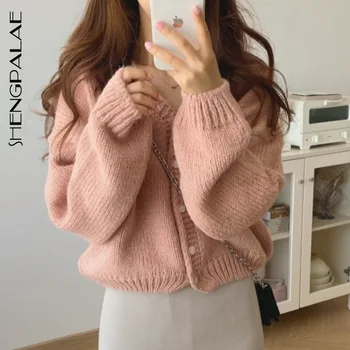

SHENGPALAE Autumn 2020 Korean Lazy Style Large Size Outer Wear Solid Sweater All-match Long-sleeved Knitted Cardigan Women ZT786