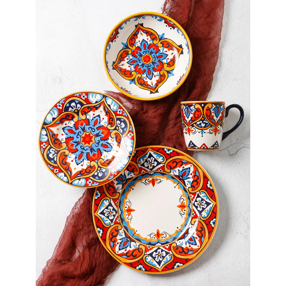 

Ceramic Salad Fruit Plate and Dish set Household Underglaze Ethnic Style Large Steak plate dinnerware set