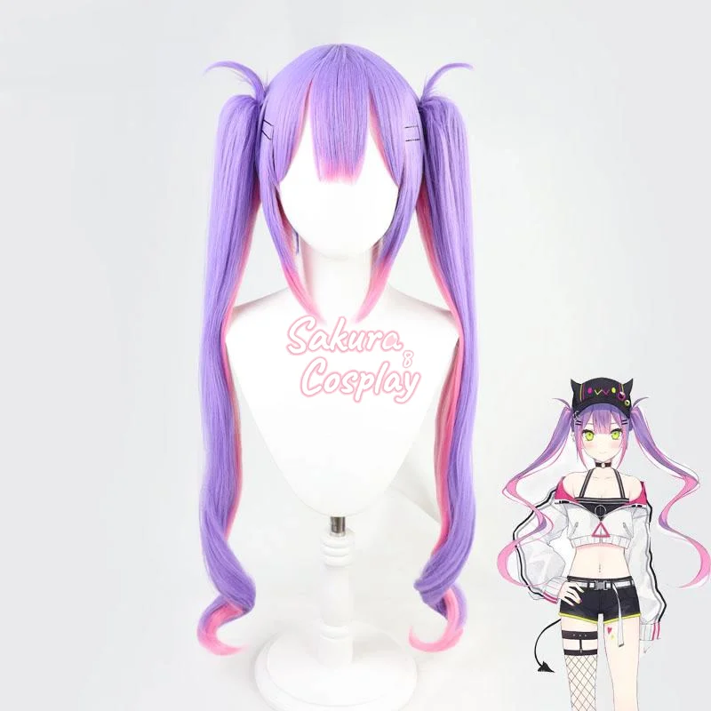 

VTuber Tokoyami Towa Hololive Cosplay Purple Mixed Pink Long Curly Heat Resistant Synthetic Hair Halloween Carnival + Wig Cap