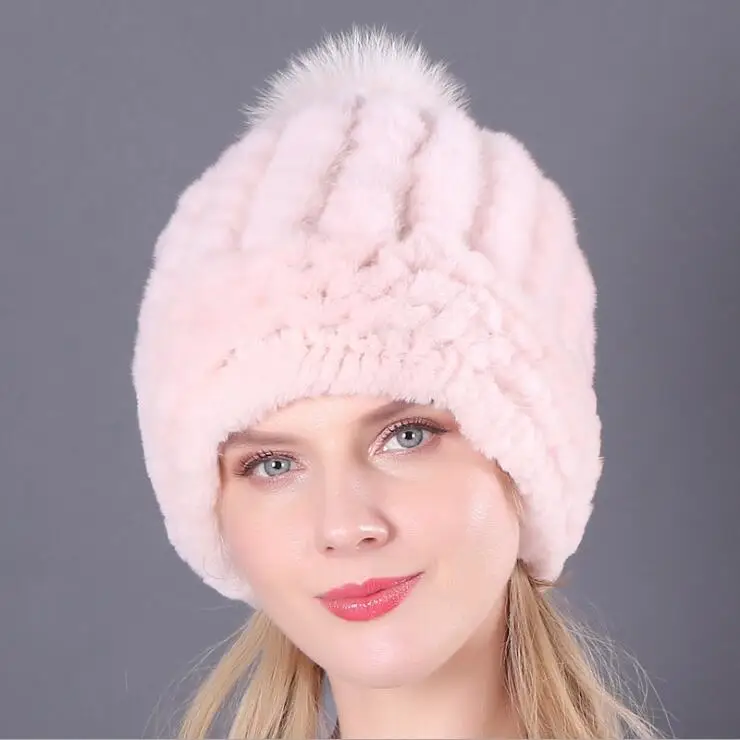 pink hats Зимние шапки для женщин, модные Серые толстые теплые вязаные шапки с натуральным кроличьим лисьим мехом, шапки с помпонами, аксессуары для девочек, шапки Skullies - Цвет: pink hats