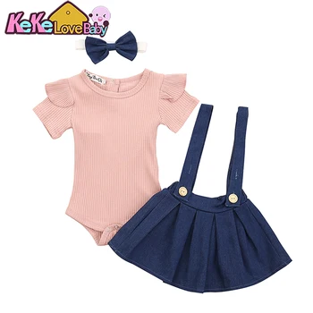 

Newborn Baby Girls Clothes Set Fashion Ruffle Pink Romper Tops Headband Strap Dress For Girl Outfits Summer Infant Clothing Sets