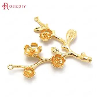 

(37029)4PCS 40x36MM 24K Gold Color Brass Plum Flower Branch Charms Pendants High Quality Accessories Jewelry Making Supplies
