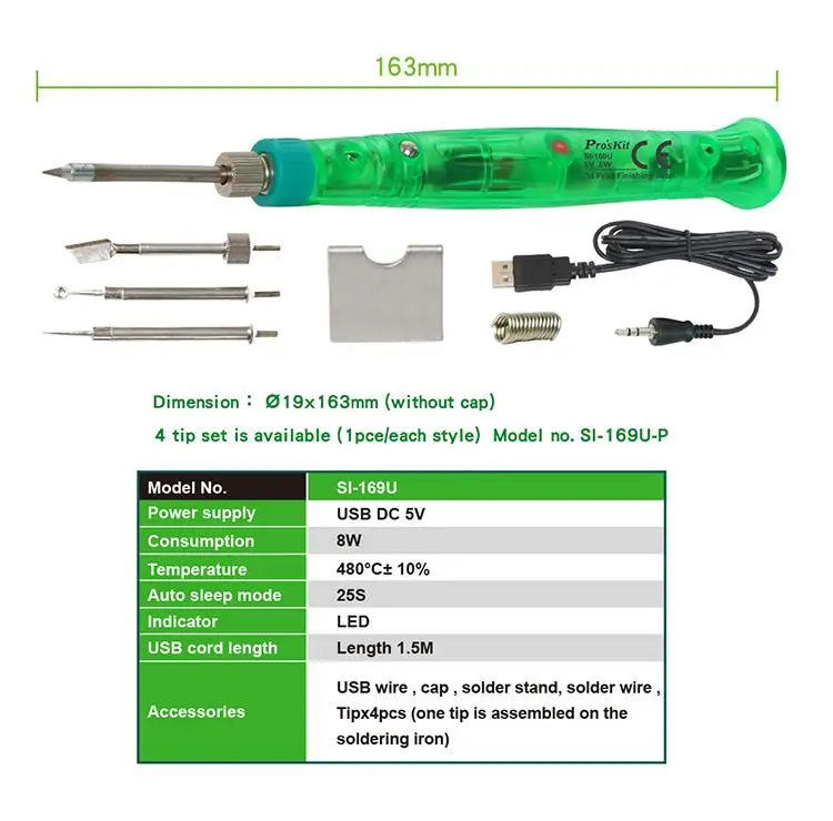 Pro'skit SI-169U 3D Printing Finishing Tool Maintenance Soldering Iron Group Tools 8W Handheld USB Electric Soldering Iron Set hot air soldering