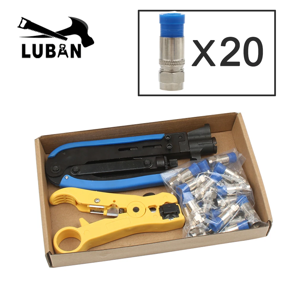 Juego de Herramientas prensado Manual de Cable Coaxial azul para conector F, crimpadora de Cable Coaxial RG59 con conectores de compresión, 20 Uds.|Alicates| -