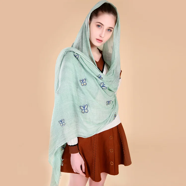 Женский шерстяной шарф с бабочками модная дышащая шаль вышивкой из хлопка и льна