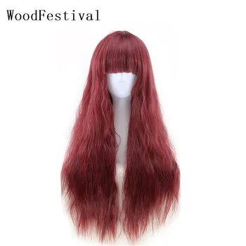 

WoodFestival Corn Fluffy Curly Long Hair Women Synthetic Wigs Heat Resistant Female Cosplay Wig with bangs Brown Burgundy Black