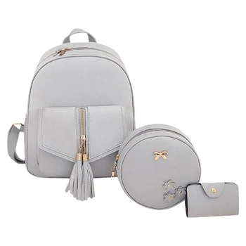 

3Pcs/Set Fashion Zipper Women Backpack Casual Tassel Bow Leather Shoulder Schoolbag Portable Travel Mini Backpack