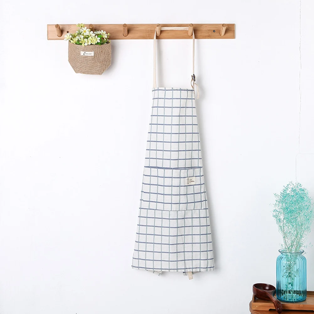 1Pcs Plaids Striped Cotton Linen Apron Woman Adult Bibs Home Cooking Baking Coffee Shop Cleaning Aprons Kitchen Accessory