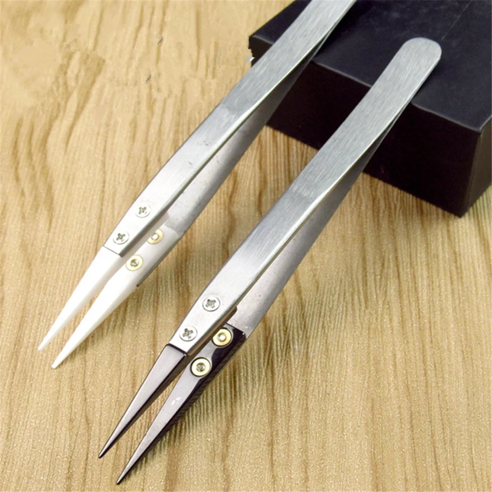 NICEYARD Precision Ceramic Tips Tweezers Anti-static Straight Aimed Tweezers Stainless Steel Handle High Temperature Resistant