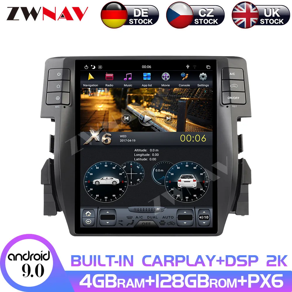 

Android 9 PX6 4 Гб + 128 ГБ для Honda Civic 2016-2018 автоматический кондиционер встроенный DSP Carplay Tesla GPS экран навигация