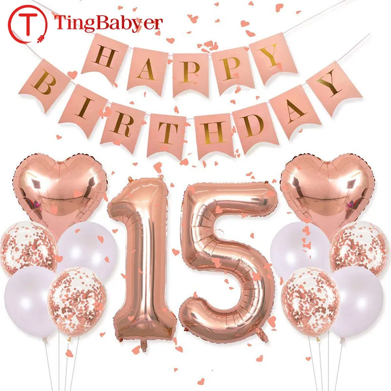 

Rose Gold Number 15 Foil Balloons 15th Happy Birthday Party Decorations Kids Boy Girl Fifteen Year Old Anniversary Supplies