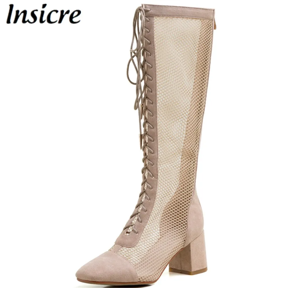 

Insicre Women Knee High Boots 2020 Summer Square Toe Cross-tied Hollow Out Female High Heel Shoes Mesh Black Flock