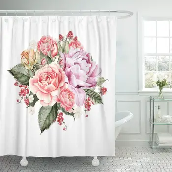 

Fabric Shower Curtain Curtains with Hooks Colorful Beautiful Vintage with Rose Peony Berries Blackcurrant and Raspberry
