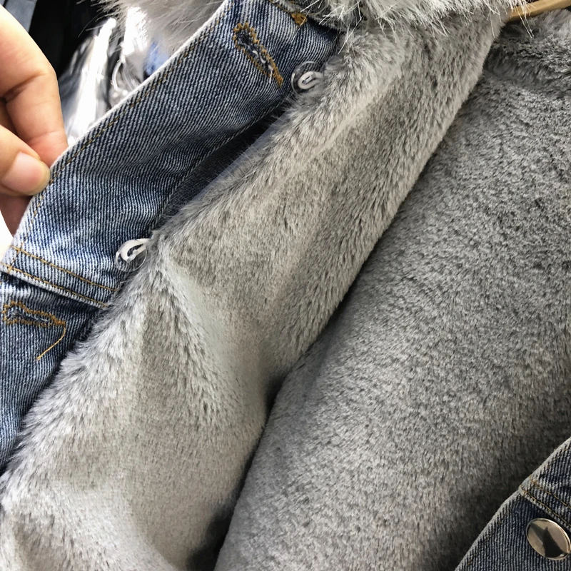 Imitation Fox Fur Collar Denim Jacket Women New Female Thicken Wool Inner Can Removable Fur Coat Lady Short Diamond Jackets