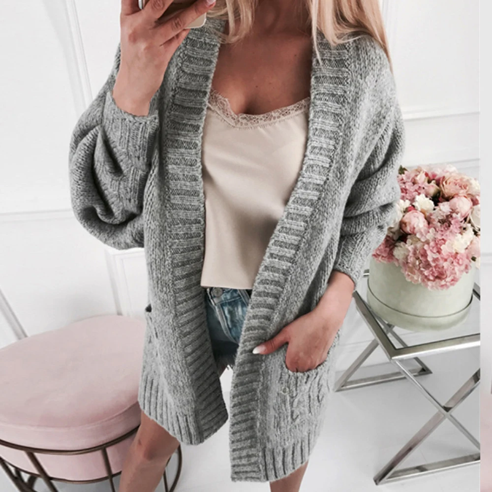 

LOOZYKIT 2019 New Open Front Cardigan Women Sweaters Long Sleeve Solid Female Pocket Knitted Sweater Outerwear High Quality