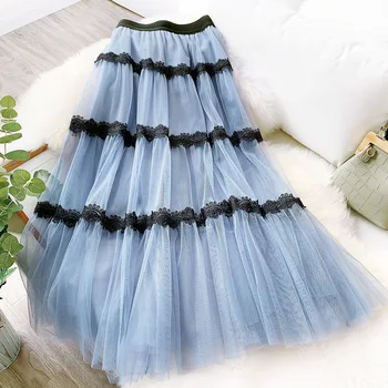 

Lace Patchwork Tulle Skirts Elegant Sweet Fairy Long Skirt 2020 New Spring Summer Big Swing Female Mesh Skirt Faldas Saias