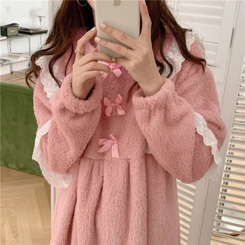 

Flannel Nightdress Gentle Chic Women Soft Sweet Solid Sleepwear Warm O-neck Cute Winter Loose Pajamas Home Clothes