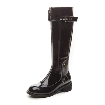 

Sexy Knee High Boots Genuine Leather Female Comfortable Thick med Heels Pumps buckle Winter Party Prom Shoes Woman