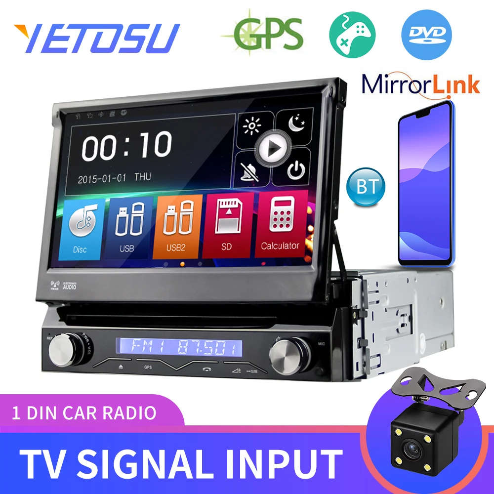 

Yetosu Car Stereo Audio Radio Bluetooth 1DIN 7" HD Retractable Touch Monitor MP5 Player SD FMAM USB Rear Camera RDS DVD TV GPS