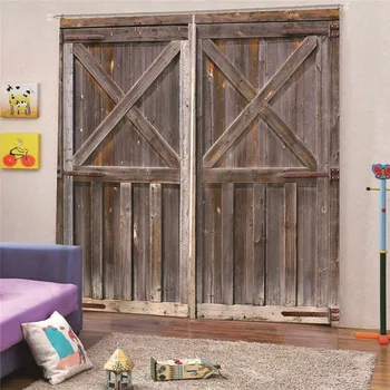 

Wooden door Print Window Panel Curtains Room tulle on the window for living room bedroom Kitchen Room cortinas para la sala