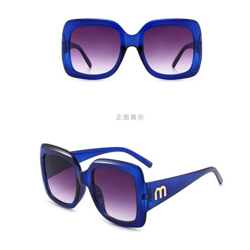 oversized square sunglasses Woman blue big face sunglasses Gilded letters wide-leg sunshade mirror Modified face color changing mirror glasses big sunglasses